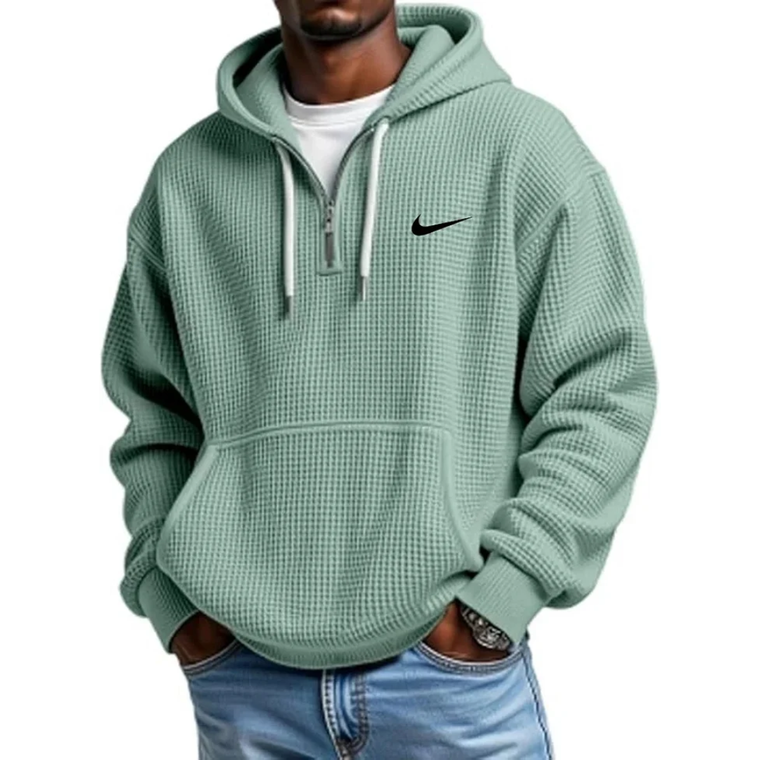NK-Men's Casual Solid Waffle Zipper Long Sleeve Hooded Sweatshirt