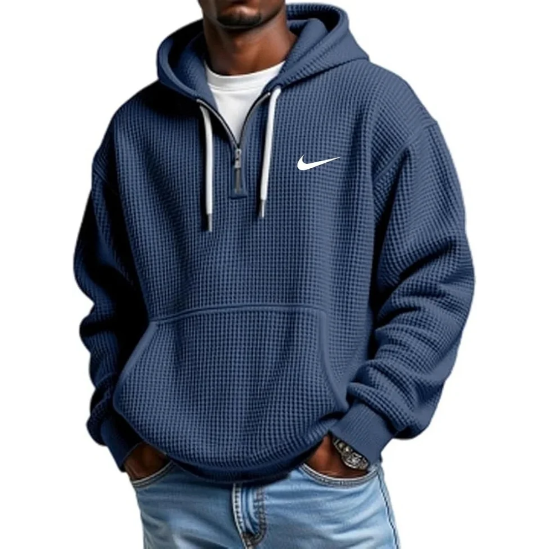NK-Men's Casual Solid Waffle Zipper Long Sleeve Hooded Sweatshirt