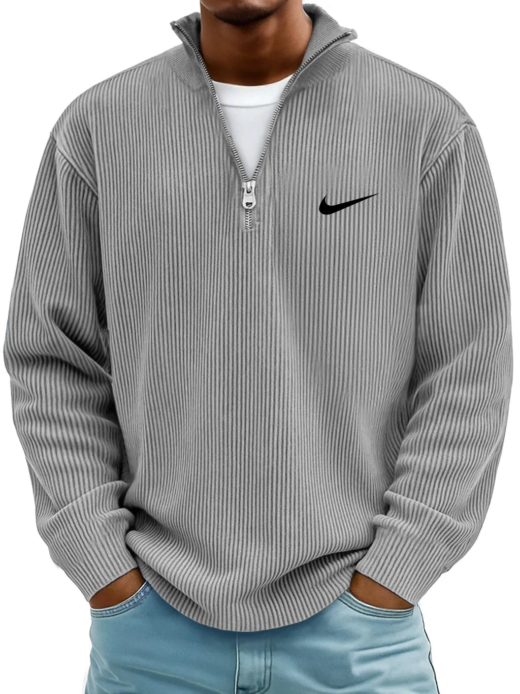 NK-Casual Ribbed Stand Collar Zipper Long Sleeve