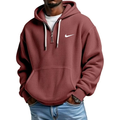 NK-Men's Casual Solid Waffle Zipper Long Sleeve Hooded Sweatshirt