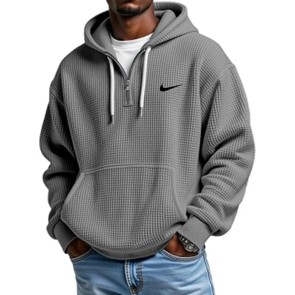 NK-Men's Casual Solid Waffle Zipper Long Sleeve Hooded Sweatshirt