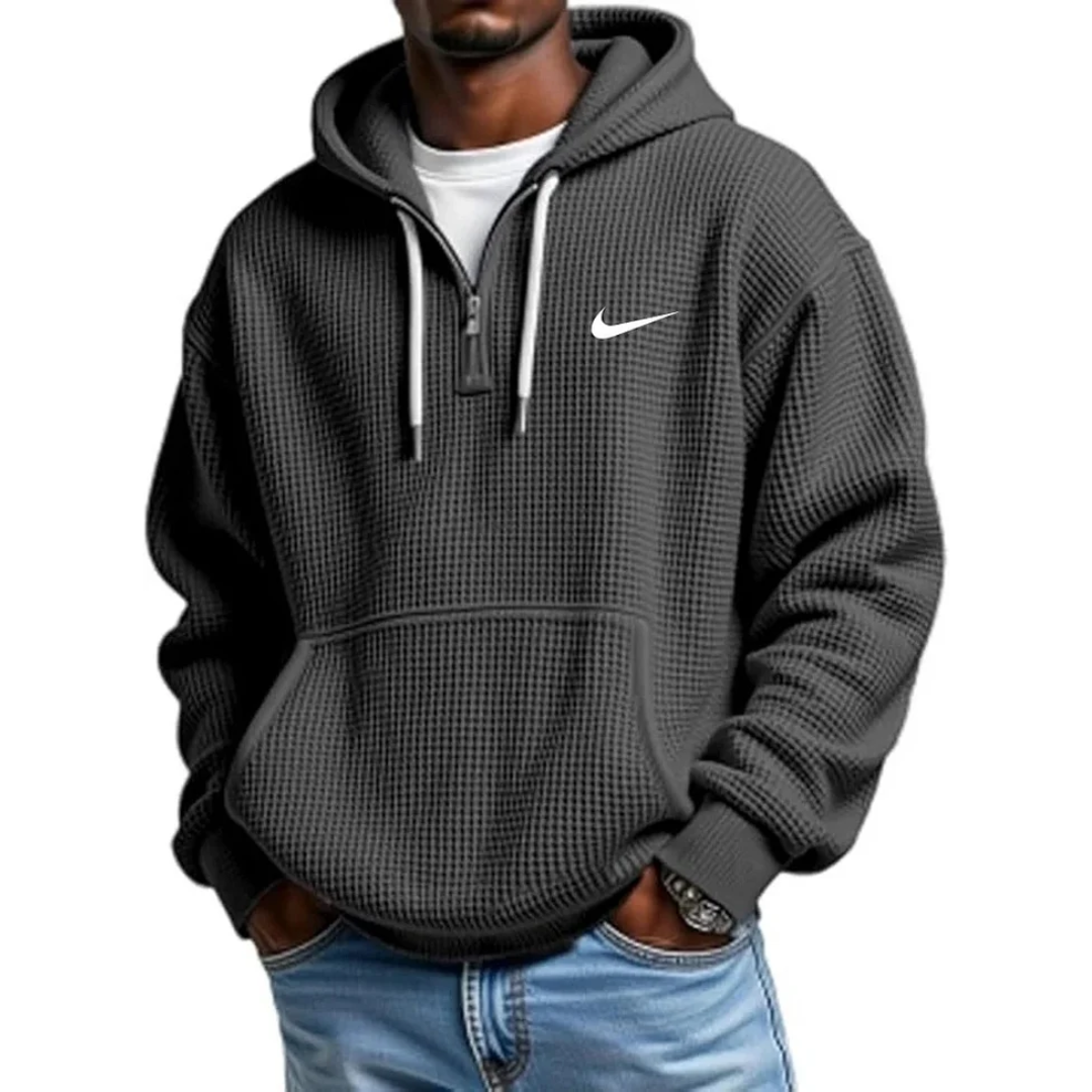 NK-Men's Casual Solid Waffle Zipper Long Sleeve Hooded Sweatshirt