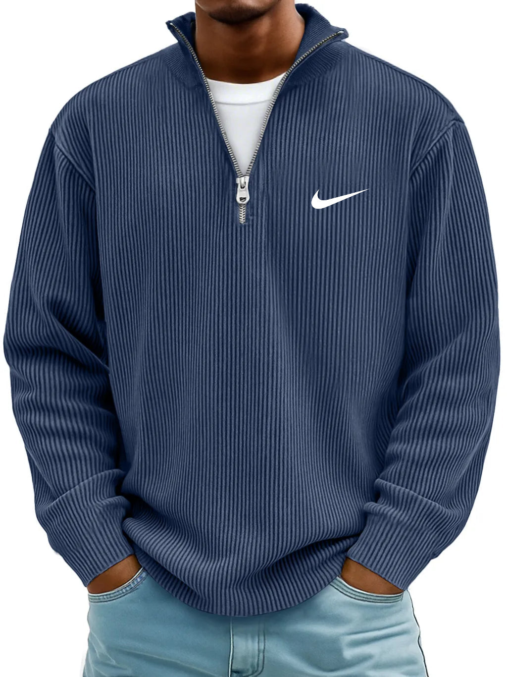 NK-Casual Ribbed Stand Collar Zipper Long Sleeve