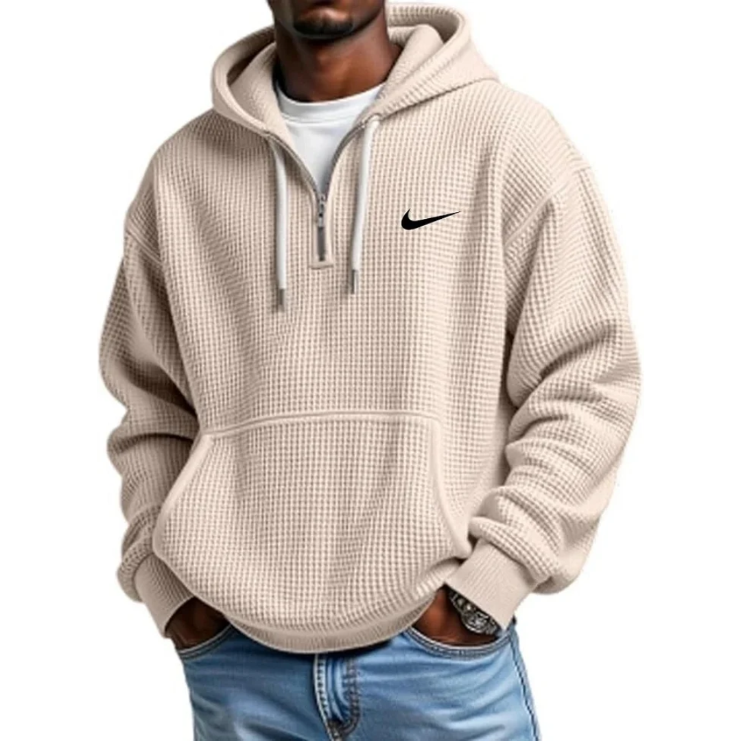NK-Men's Casual Solid Waffle Zipper Long Sleeve Hooded Sweatshirt