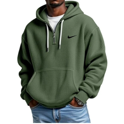NK-Men's Casual Solid Waffle Zipper Long Sleeve Hooded Sweatshirt