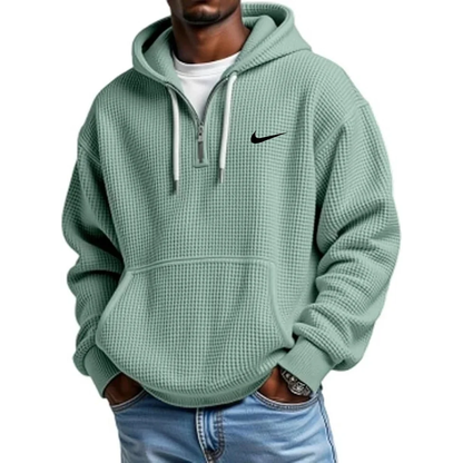 NK-Men's Casual Solid Waffle Zipper Long Sleeve Hooded Sweatshirt