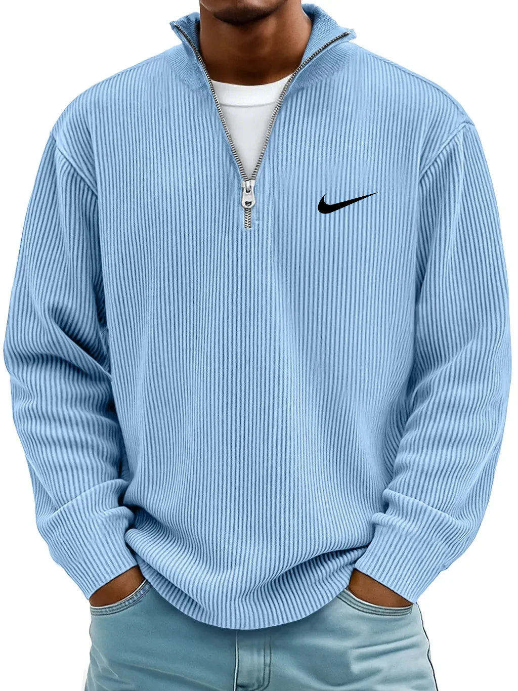 NK-Casual Ribbed Stand Collar Zipper Long Sleeve